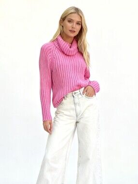 NEW! New York And Company Ribbed-Knit Turtleneck Cotton Pink Sweater Size L